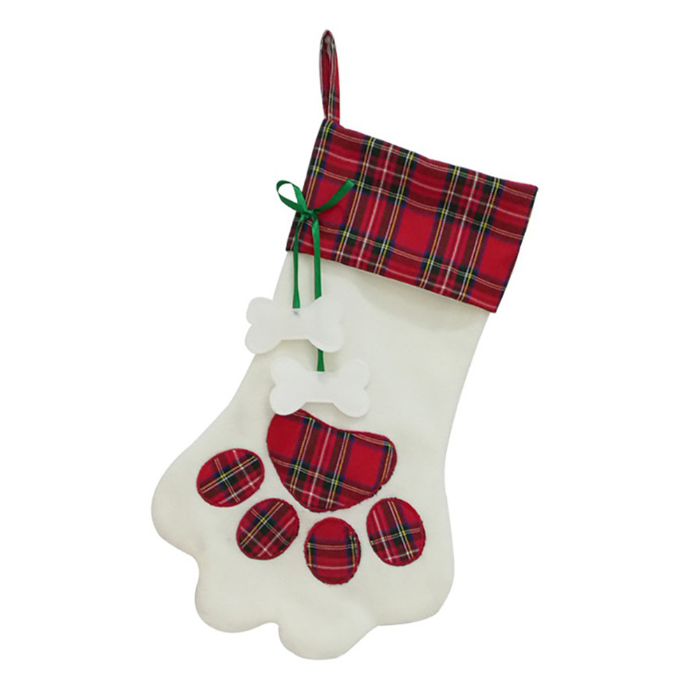 Christmas Gift Bags Pet Dog Cat Paw Stocking Socks Plaid Xmas Tree Ornaments Red 